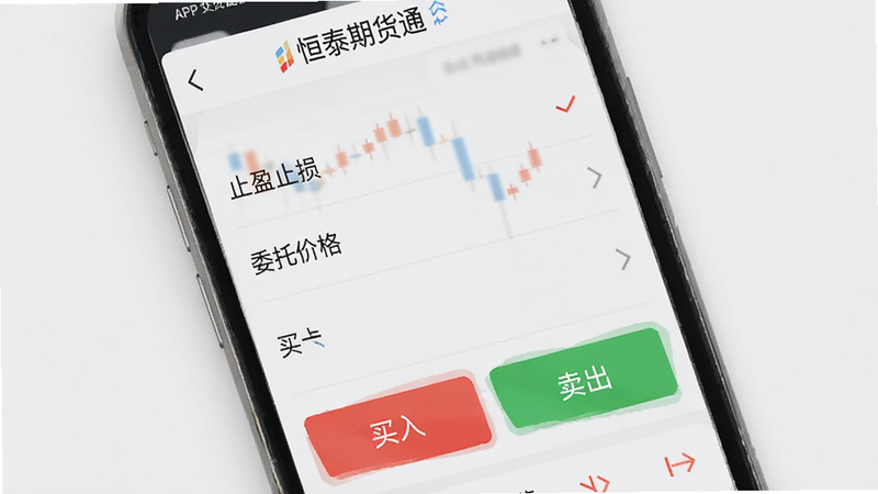 主体为手机屏幕界面,显示“恒泰期货通”APP的交易设置页面,包含“止盈止损”“委托价格”等选项,下方有红色“买入”和绿色“卖出”按钮,背景为浅灰色,布局规整,高清,干净,无多余元素