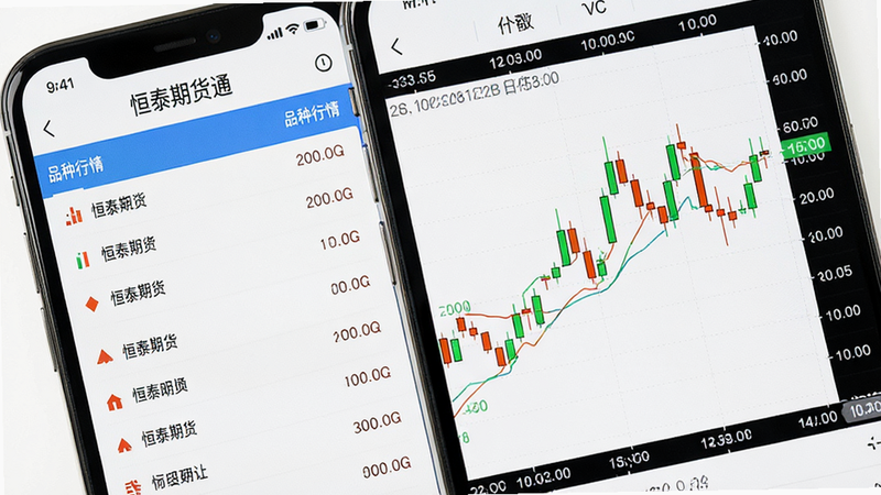 主体为手机屏幕特写,展示“恒泰期货通”APP的行情页面,左侧为品种列表,右侧为大尺寸K线图,显示时间轴和价格刻度,背景为白色,界面清爽,字体清晰,高清,干净,无多余元素