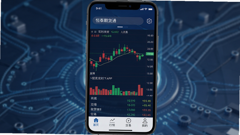主体为手机屏幕界面,显示“恒泰期货通”APP首页,顶部为搜索栏和设置图标,中间区域展示红绿K线图和实时价格列表,底部为导航栏,包含“首页”“行情”“交易”“我的”四个标签,背景为深蓝色科技风,文字清晰,高清,干净,无多余元素