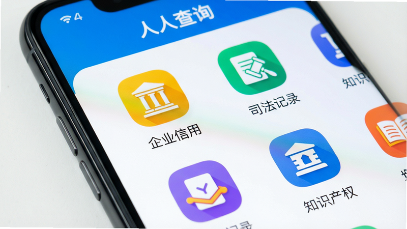 �ֻ���Ļ��д����ʾ�����˲�ѯ��APP�ڵĹ����б����棬��������ҵ���á�����˾����¼������֪ʶ��Ȩ����ͼ�꣬�������룬ͼ��ɫ������������ɾ����߷ֱ���