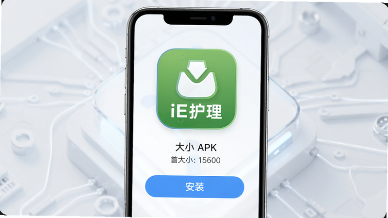 手机下载完成界面,主体为“iE护理”APK文件图标,布局居中,排版简洁,风格为现代科技风,细节包含文件大小显示和“安装”按钮,画质高清,干净,无多余元素