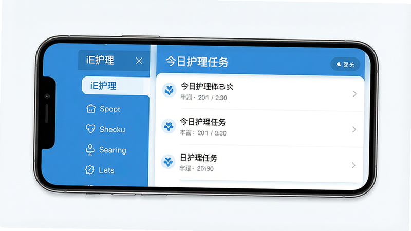 一张高清的手机应用界面全景图,主体为“iE护理”APP的主屏幕,布局清晰,左侧为导航栏,右侧显示“今日护理任务”列表,排版整洁,风格为现代医疗蓝白色调,细节包含清晰的图标和文字“iE护理”,画质8k,干净,无多余元素