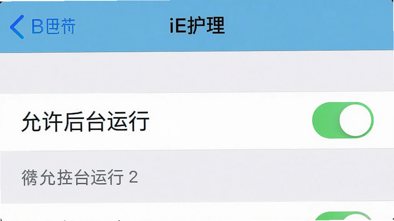 手机设置界面截图风格图,主体为“iE护理”的权限设置页面,布局为列表形式,排版清晰,风格为系统原生UI,细节包含“允许后台运行”开关状态,画质清晰,干净,无多余元素