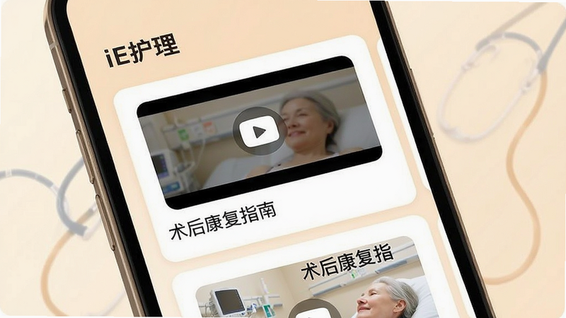 手机界面展示健康宣教模块,主体为“iE护理”的宣教卡片列表,布局为瀑布流,排版美观,风格为温馨医疗风,细节包含视频播放按钮和文字“术后康复指南”,画质细腻,干净,无多余元素
