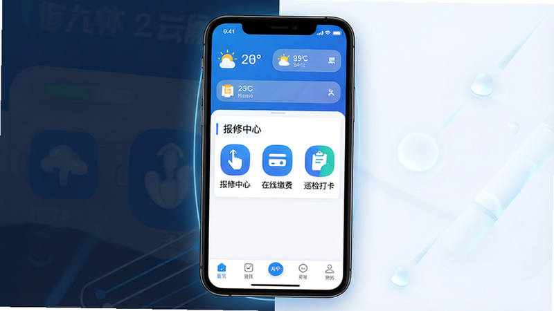 һ��չʾ����������ܡ�APP��ҳ����ĸ������ͼ������Ϊ�ֻ���Ļ������������������ʾ������֪ͨ���в�Ϊ���������ġ��������߽ɷѡ�����Ѳ��򿨡�������ͼ�꣬�ײ�Ϊ�����������Ϊ�ִ���ƽ������磬ɫ���ԿƼ����Ͱ�ɫΪ����ϸ�ڴ���΢���Ĺ���Ч�������ʸ��壬�ɾ����޶���Ԫ��