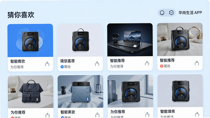 ����Ϊ��������APP���Ի��Ƽ����棬���ֲ�������״���У�ÿ������չʾ��ͬ������Ʒ���Ű����Գƣ����Ϊ�Ƽ���������ɫ��ϸ�ڰ���������ϲ�������⼰��Ʒ����ͼ������Ϊ����ɫ�������������ɾ�����㣬������ʾ�������Ƽ�������Ϊ���Ƽ���