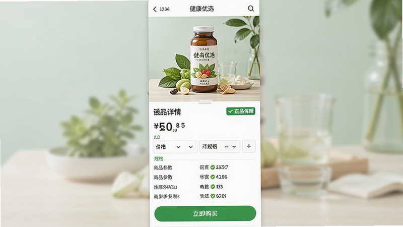 ����Ϊ��������APP��Ʒ����ҳ������Ϊ��ֱ�����ṹ������Ϊ��Ʒ��ͼ���в�Ϊ�۸�����ѡ�񣬵ײ�Ϊ����ť���Ű�ֱ�����ˣ����Ϊ������Ȼ�磬ϸ�ڰ�������Ʒ���ϡ���ǩ����Ʒ�����б�������Ϊ����ɫ������ϸ�壬�ɾ�����Ӱ��������ʾ��������ѡ��������������