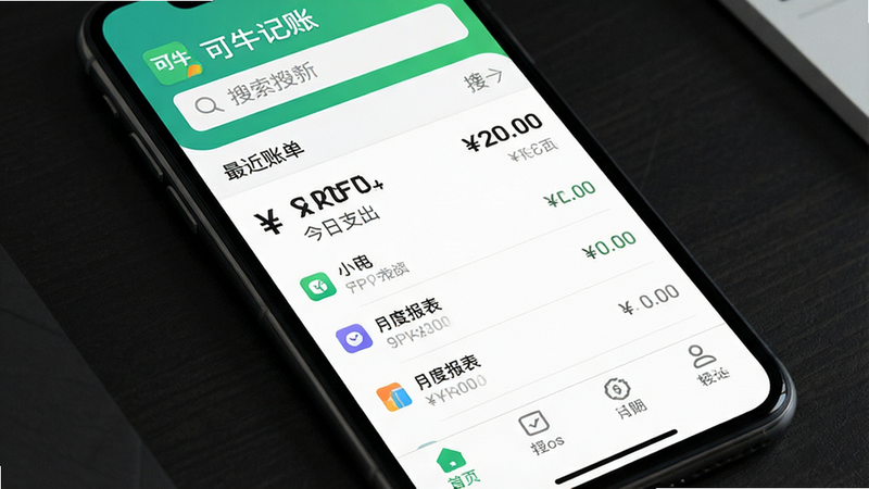 主体为手机屏幕展示可牛记账APP主界面,布局清晰分为顶部搜索栏、中部最近账单列表、底部导航栏,排版整齐,风格简约现代,细节处显示人民币符号和分类图标,画质高清,干净,无多余元素,文字包含