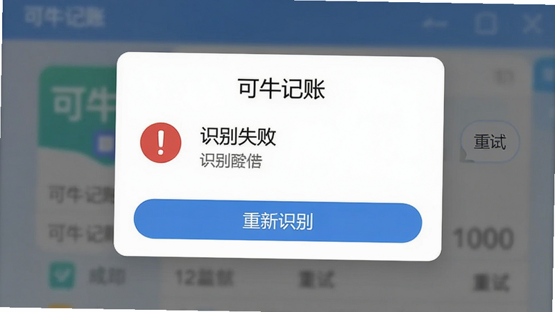 主体为可牛记账APP的识别失败提示弹窗,布局为居中模态框,背景半透明,排版简洁,风格警示性,细节处显示红色感叹号图标和“重新识别”按钮,画质清晰,干净,无多余元素,文字包含