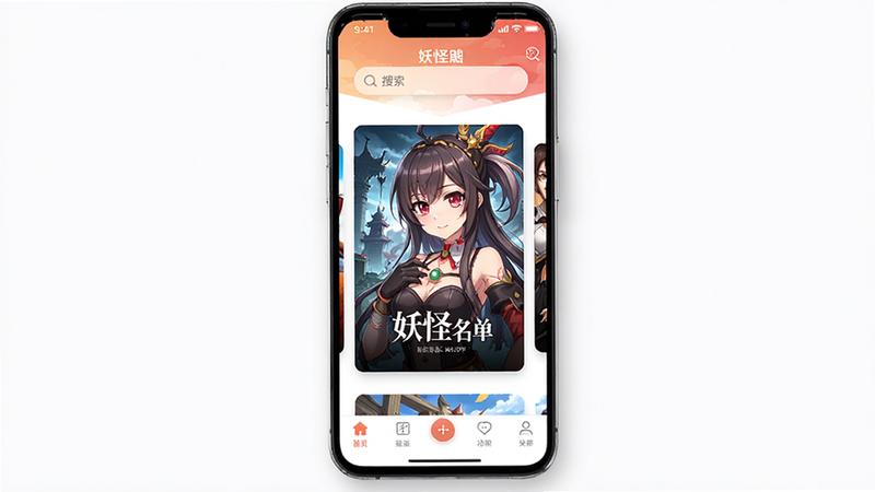 主体为“妖怪名单”APP的手机屏幕界面截图,布局清晰,顶部显示搜索栏,中部展示高清动漫角色海报,底部为功能导航栏,排版整齐,风格为现代扁平化UI设计,细节包含高清画质与柔和阴影,背景干净无多余元素,文字清晰可见,整体呈现专业软件预览图效果