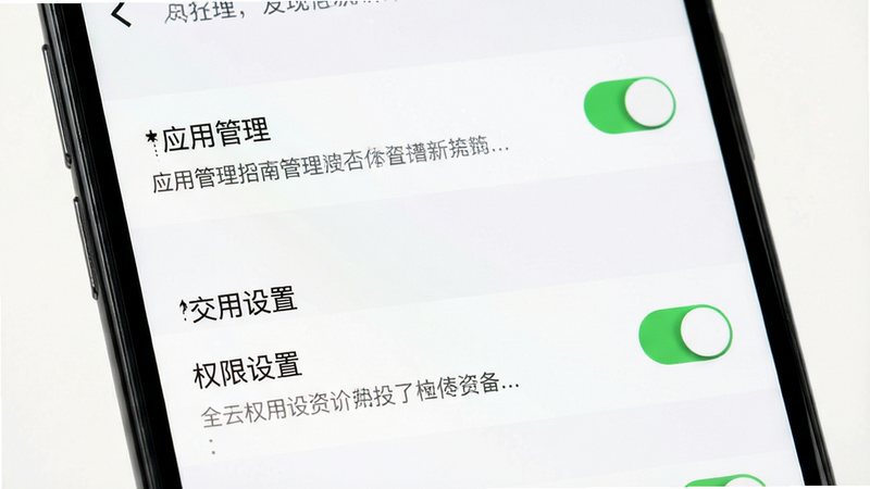 主体为手机设置界面截图,布局聚焦于“应用管理”与“权限设置”选项,排版清晰,风格简洁系统级UI,细节包含开关按钮与说明文字,画质清晰,背景为白色,无多余装饰,突出操作指引功能