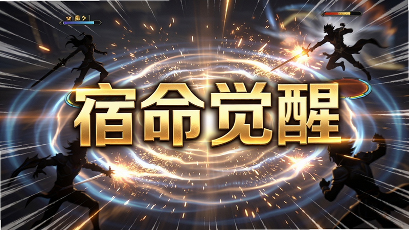 主体为游戏战斗特效画面,布局为动态构图,中央显示“宿命觉醒”金色大字,周围环绕着能量波纹与角色剪影,排版具有冲击力,风格为高燃战斗特效,细节包含粒子光效与速度线,画质高保真,干净无多余元素