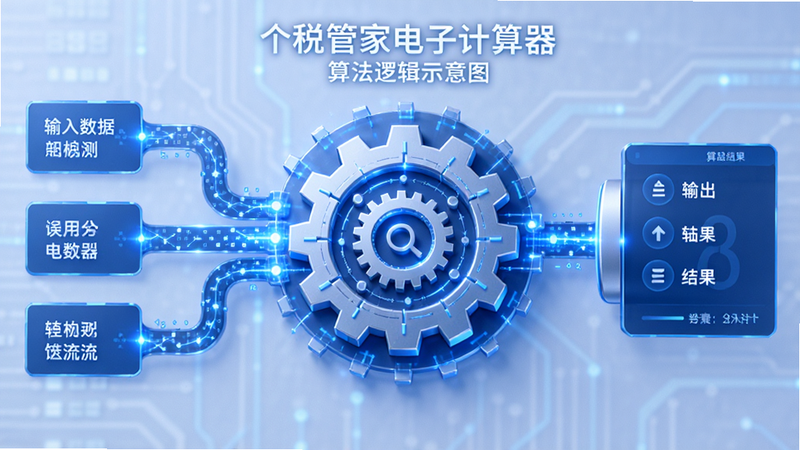 主体为“个税管家电子计算器”算法逻辑示意图,布局抽象化,左侧为输入数据流,中间为齿轮状的计算引擎,右侧为输出结果,风格科技蓝,细节展现数据流动过程,画质清晰,干净无多余元素