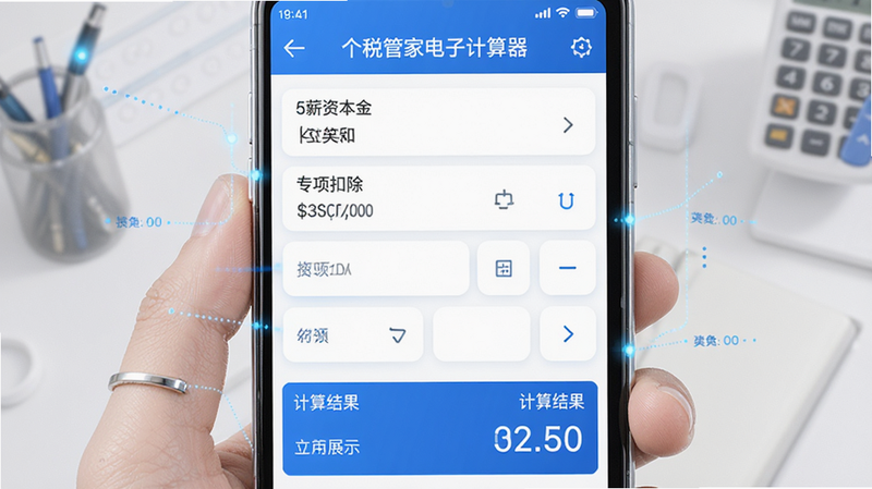 主体为“个税管家电子计算器”安卓应用界面,布局清晰,顶部显示应用名称,中部为输入薪资本金、专项扣除等数据的功能区,底部为计算结果展示栏,风格简约商务,色调以蓝白为主,细节处体现科技感,画质高清,干净无多余元素