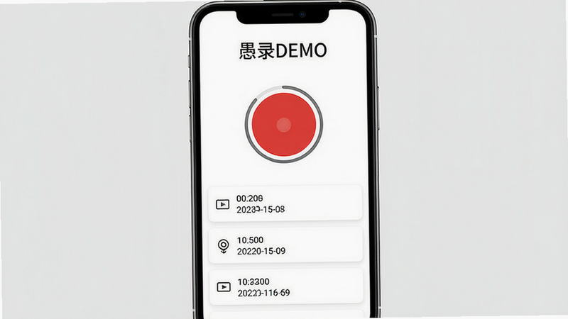 主体为一款名为“愚录DEMO”的手机应用界面截图,布局采用简洁的垂直流式设计,顶部显示应用标题“愚录DEMO”,中间是一个巨大的红色圆形录音按钮,下方列出三条示例录音条目,每条包含时长和日期,背景为纯白色,风格现代极简,细节清晰,画质高清,干净无多余元素