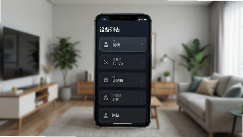 主体为手机界面展示设备列表,背景为模糊的客厅场景,布局清晰,排版整齐,风格写实科技风,细节丰富,画质高,干净,无多余元素,文字