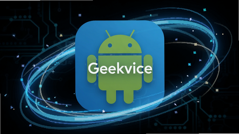 主体为Geekvice安卓应用图标,位于画面中心,周围环绕着抽象的科技光线,布局简洁,排版居中,风格现代扁平化,细节清晰,画质高清,干净,无多余元素,文字