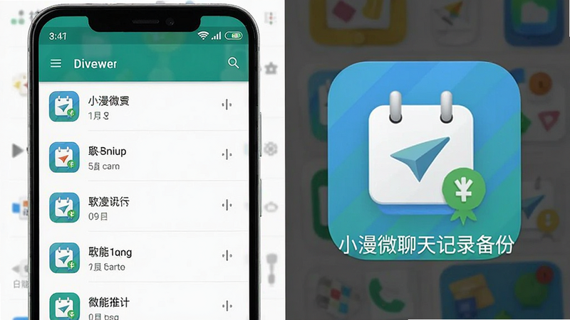 主体为手机界面展示,布局清晰,左侧显示软件列表,右侧突出“小漫微聊天记录备份”应用图标,排版简洁现代,风格扁平化,细节包含安卓系统状态栏,画质高清,干净,无多余元素