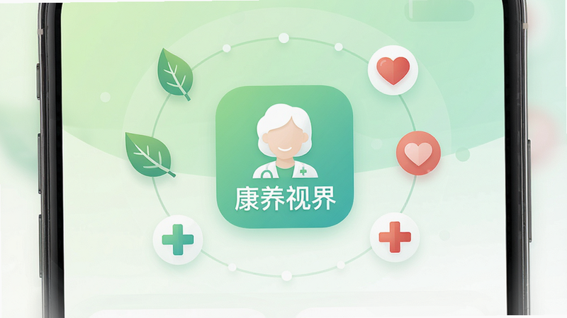 一张展示“康养视界”APP主界面的高清UI设计图,采用扁平化设计风格,背景为柔和的浅绿色与白色渐变,中央突出显示APP图标及“康养视界”字样,周围环绕着象征健康的叶子、心形和医疗十字图标,布局整洁对称,无多余元素,4k高清,干净