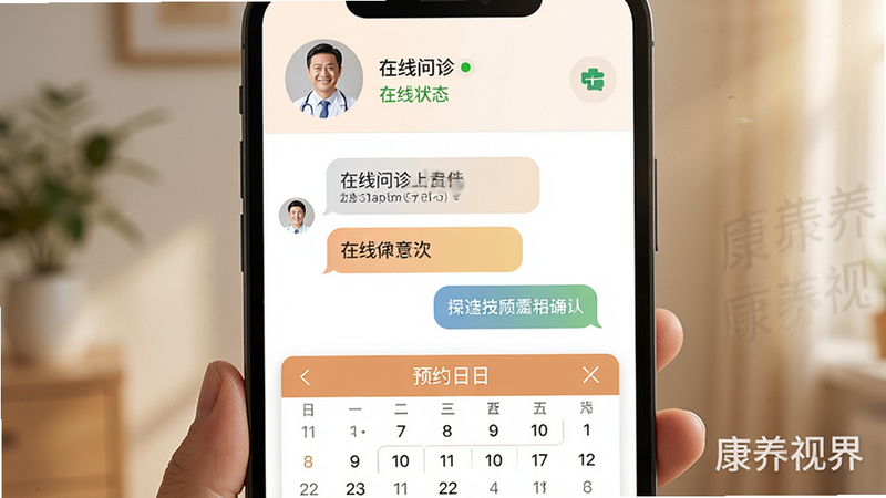 一张展示在线问诊界面的示意图,上方为医生头像与在线状态标识,中间为聊天气泡框,下方为预约日历组件,整体色调温暖柔和,体现人文关怀,包含“康养视界”水印,布局合理,无模糊元素,高质量摄影风格