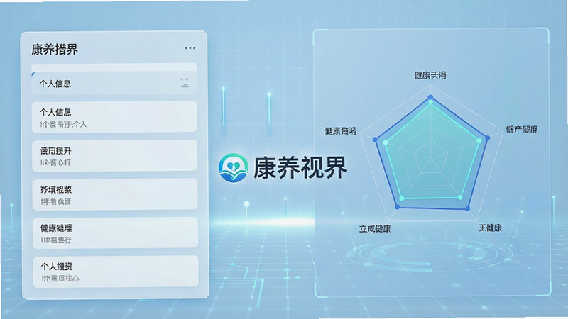 一张展示健康档案建立界面的概念图,左侧为列表形式的个人信息输入框,右侧为生成的健康雷达图,背景为淡蓝色科技感网格,中间显示“康养视界”Logo,风格现代简约,细节清晰,无文字干扰,高质量渲染