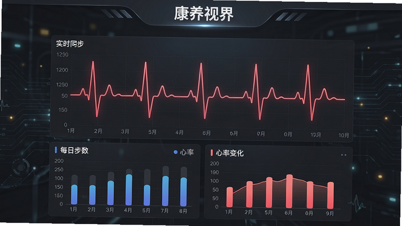 一张展示数据同步与监测的界面图,屏幕中央显示实时跳动的脉搏波形图,下方是柱状图展示每日步数和心率变化,背景为深灰色科技感背景,突出“康养视界”品牌标识,光影效果细腻,无杂乱线条,高清