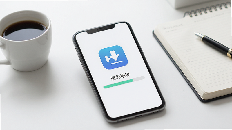 一张展示手机下载APP过程的示意图,手机屏幕显示下载进度条,背景为简洁的白色办公桌面,旁边放着一杯咖啡和笔记本,营造轻松办公氛围,包含“康养视界”下载图标,风格写实,无多余杂物,高清