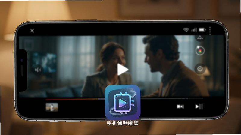 手机横屏显示视频播放界面,下方叠加“手机通畅魔盒”图标,背景为模糊的电影场景,强调流畅播放体验,暖色调光影,温馨舒适,高分辨率