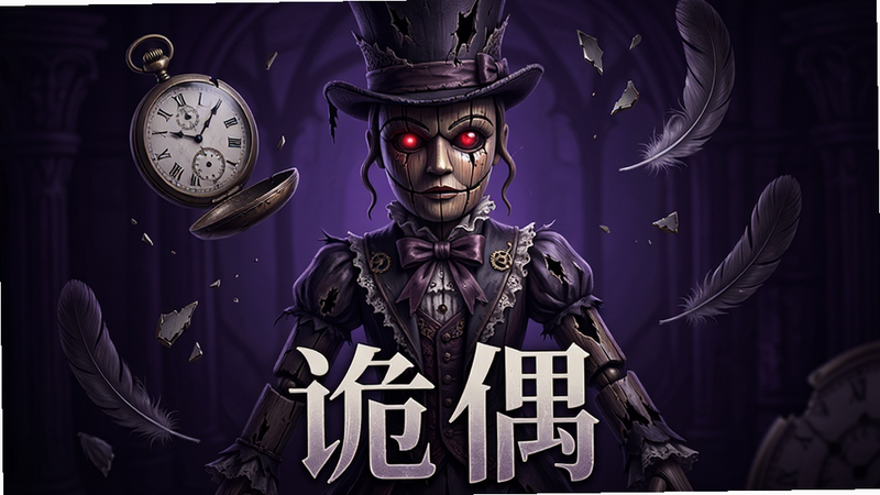 主体为一款名为“诡偶”的安卓手机游戏宣传海报,深紫色背景,中央是一个穿着华丽但破损的维多利亚风格木偶,眼睛发出微弱的红光,周围漂浮着破碎的怀表和羽毛,底部有“诡偶”两个大字,整体风格阴郁、哥特、高清细节,无多余文字
