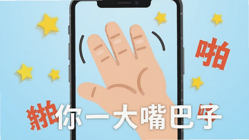 主体为手机屏幕界面,中央显示一个巨大的卡通手掌正在挥向屏幕,背景为浅蓝色渐变,周围散落着黄色的星星和红色的“啪”字音效符号,风格为扁平化插画,高清,干净,无多余元素,文字内容包含