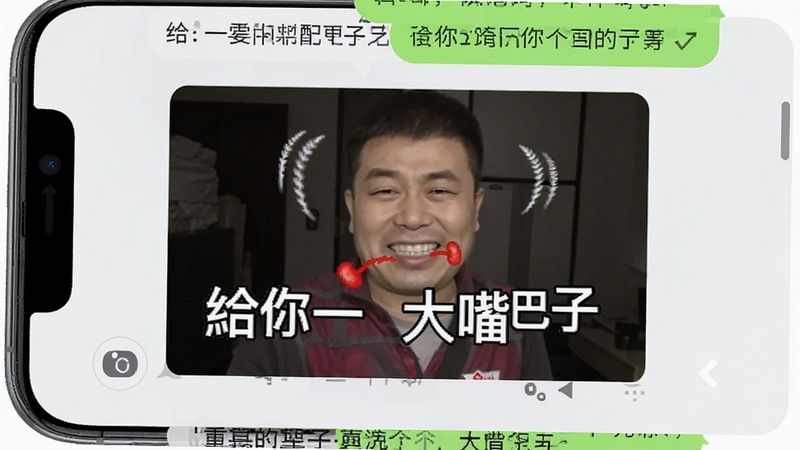 主体为手机聊天界面截图,其中一条消息显示为“给你一大嘴巴子”的动图表情包,周围是普通的文字对话气泡,界面整洁,UI设计现代,清晰展示软件生成的成品效果,高清,无水印,文字内容包含