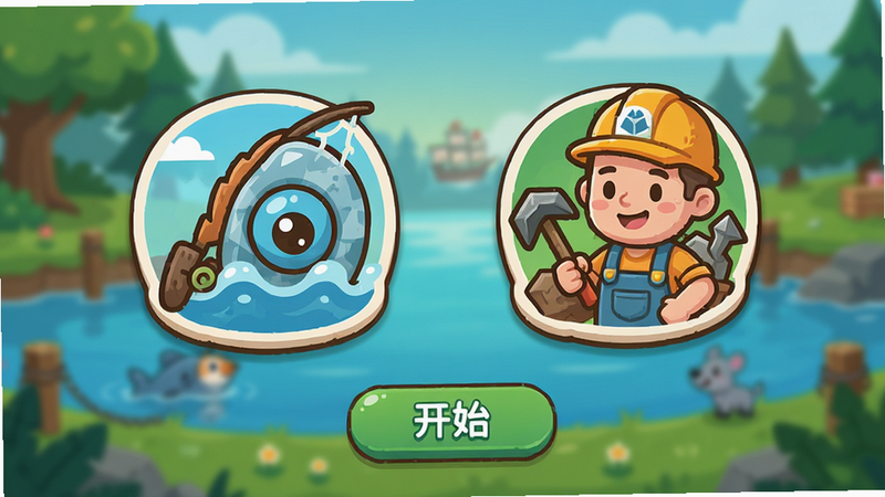 ����Ϊ��Ϸ���˵����棬������ͼ��ֱ��������Ϳ󹤣�ͼ����ƿ�ͨ�ɰ����·��п�ʼ��ť������Ϊģ������Ϸ���������־��У�����ƽ����ϸ�ھ��£���������