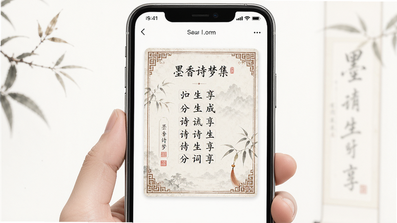 ����Ϊ�ֻ��������棬��ʾ��ī��ʫ�μ������ɵ�ʫ�ʷ�����Ƭ������Ϊ��Ƭ���У���Χ���ף��Ű����۴󷽣����Ϊ���Źŷ磬ϸ�ڰ������µı߿���������д���壬���ʾ��£��ɾ����޶���Ԫ��