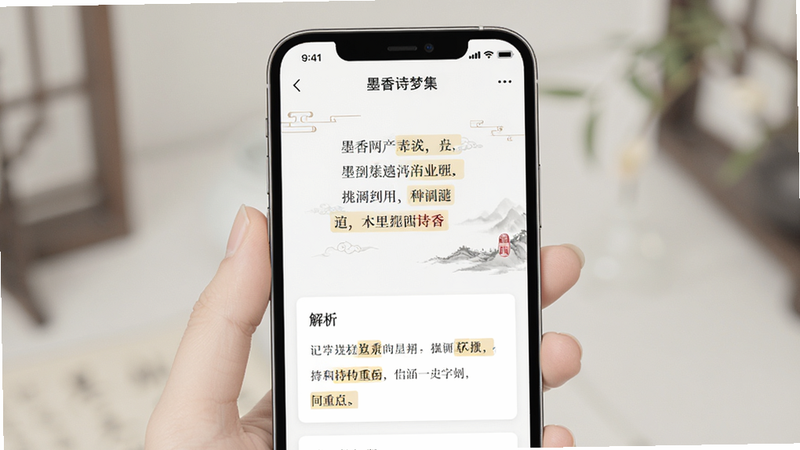 ����Ϊ�ֻ����棬չʾ��ī��ʫ�μ�����ʫ�ʽ���ҳ�棬����Ϊ���½ṹ���ϲ�Ϊʫ�䣬�²�Ϊ������Ƭ���Ű������׶������Ϊ�ִ���Լ��Ϲŵ�Ԫ�أ�ϸ�ڰ����������ص��ִʣ������������ɾ����޶���Ԫ��