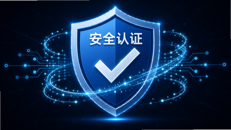 安全认证徽章图标,蓝色盾牌背景,中间有白色对勾,周围环绕数据流线条,布局居中,风格科技安全,细节发光效果,画质高清,干净,无多余元素,文字