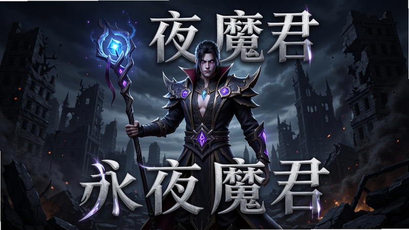 主体为《永夜魔君》游戏主视觉图,布局居中,排版大气,风格为暗黑魔幻3D渲染,细节展示主角手持发光法杖,背景是破碎的暗夜城市废墟,画质4k,干净,无多余元素,文字