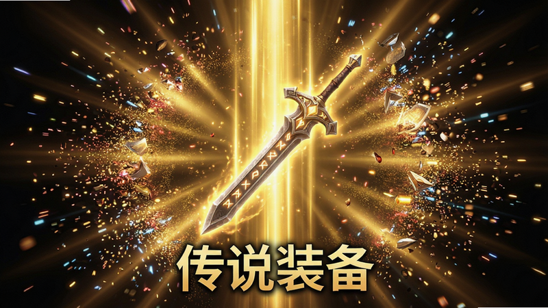 主体为装备掉落瞬间效果,布局中心发散,排版华丽,风格为粒子特效爆发,细节展示金色光柱中浮现出一把带有符文的神剑,画质超清,干净,无多余元素,文字
