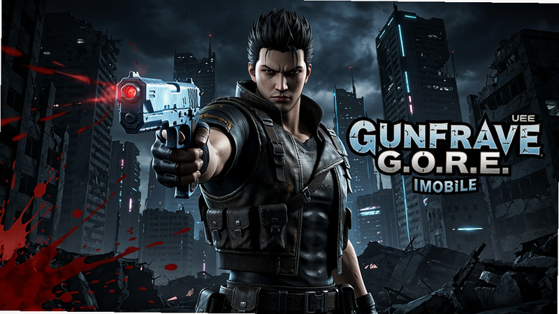 主体为游戏《Gungrave G.O.R.E. UEE Mobile》的高清主视觉海报,画面中央是手持发光光枪的主角布兰登,背景是充满科技感的暗色调城市废墟,左侧有红色血迹飞溅特效,右侧显示游戏Logo,整体风格为写实3D渲染,高对比度,细节丰富,画质8K,无多余元素