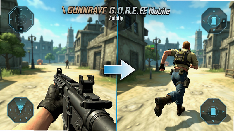 主体为《Gungrave G.O.R.E. UEE Mobile》的视角切换演示图,画面分为左右两部分,左侧为第一人称持枪视角,右侧为第三人称奔跑视角,中间用箭头指示切换方向,背景为游戏内场景,UI界面简洁,风格为现代UI设计,色彩明亮,排版整齐,无多余元素