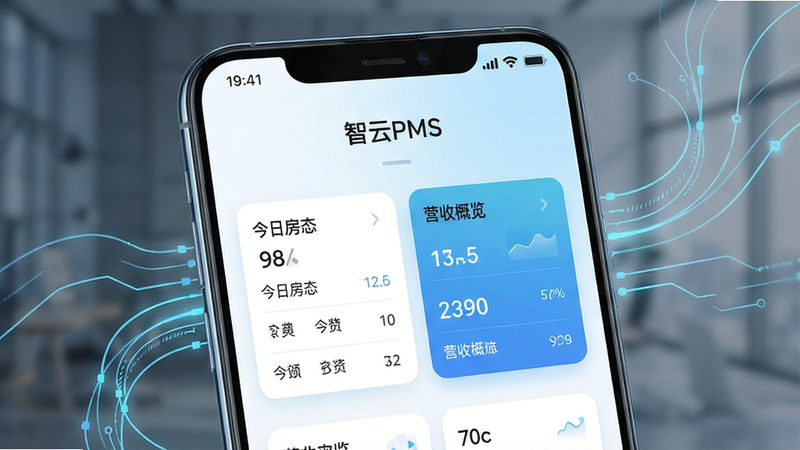 一张高清写实风格的智能手机界面展示图,主体为一部最新款安卓旗舰手机,屏幕中央清晰显示“智云PMS”的应用启动页或主仪表盘,界面背景为清爽的白色与浅蓝色渐变,突出“今日房态”和“营收概览”两个核心数据卡片,周围环绕着象征数据流动的淡蓝色科技线条,整体布局居中,排版简洁现代,风格为商务科技感,细节处体现屏幕的高清玻璃质感,画质8k,干净无多余元素