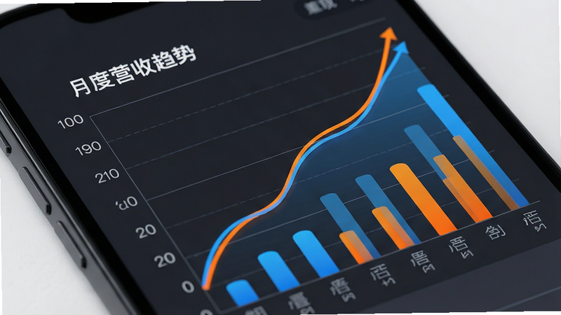 一张数据可视化图表的特写图,主体为手机屏幕上的折线图和柱状图,图表清晰展示“月度营收趋势”,坐标轴标注清晰,折线呈上升趋势,颜色为明亮的橙色和蓝色,背景为深灰色模式,突出数据的可读性,风格为专业商务分析风,细节处体现图表的平滑曲线和网格线,画质超清,无杂乱文字
