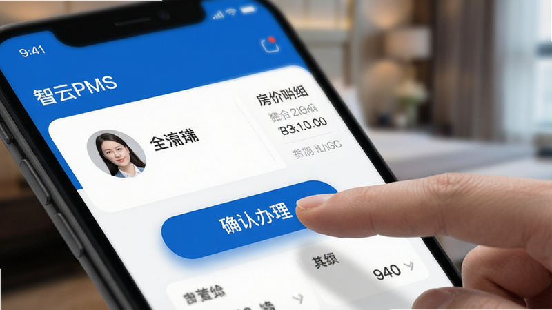 一张特写视角的UI设计图,展示“智云PMS”APP中的“快速开房”界面,手指正在点击“确认办理”按钮,界面左侧显示客人头像和姓名,右侧显示房价明细,背景虚化,突出操作便捷性,风格为现代极简主义,色彩以品牌蓝为主色调,细节处体现按钮的微动效阴影,画质细腻,干净清爽