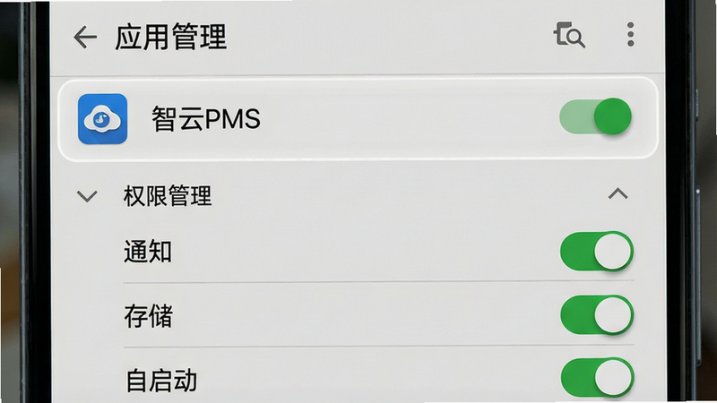 一张手机设置界面的示意图,主体为安卓系统的“应用管理”设置页面,高亮显示“智云PMS”应用条目,下方展开“权限管理”选项,其中“通知”、“存储”、“自启动”三个开关处于开启状态(绿色),背景为浅灰色,风格为真实UI截图风,细节处体现开关的状态颜色变化,画质清晰,无其他干扰项