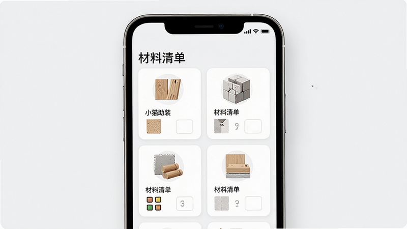 ����Ϊ�ֻ����棬��ʾ��Сè��װ���Ĳ��Ͽ�ҳ�棬����Ϊ��Ƭʽ�б���ÿ�ſ�Ƭ��������ͼ�ꡢ���ơ�����������Ű����룬���Ϊ����ʵ�����壬ϸ��չʾľ�ġ���ש��ͼ�꣬���ʸ��壬�ɾ����������֡������嵥�������ɼ�