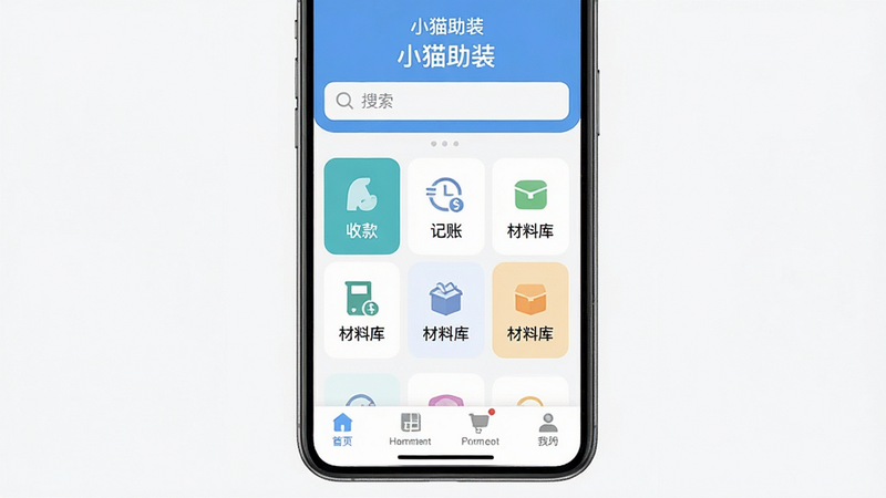 ����Ϊ�ֻ�Ӧ�ý����ͼ����Ļ������ʾ��Сè��װ��APP��ҳ������Ϊ�������������в��������񣨺��տ���ˡ����Ͽ⣩���ײ����������Ű��������򣬷��Ϊ�ִ���ƽ����ƣ�ϸ��չʾ�����ĸ߱���UIԪ�أ����ʸ��壬�ɾ��޶���Ԫ�أ����֡�Сè��װ�������ɼ�