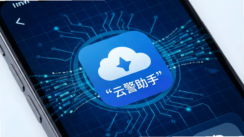 一张高科技风格的手机屏幕特写,界面显示“云警助手”APP图标,背景为深蓝色科技网格,周围环绕着数据流线条,象征安全与速度,主体居中,布局简洁,排版清晰,风格现代商务,细节精致,高清画质,干净,无多余元素,文字加引号