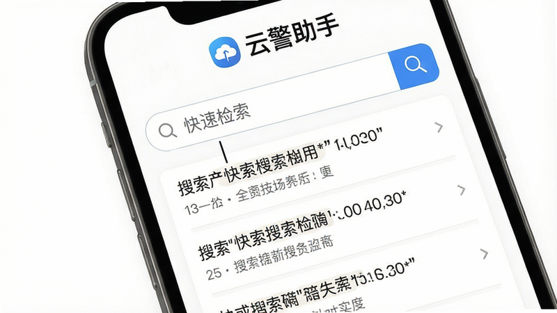 手机界面展示搜索框,下方列出几条搜索结果列表,背景为白色简洁风格,顶部有“云警助手”Logo,主体为搜索界面,布局垂直列表,排版清晰,风格扁平化,细节锐利,高清画质,干净,无多余元素,文字加引号