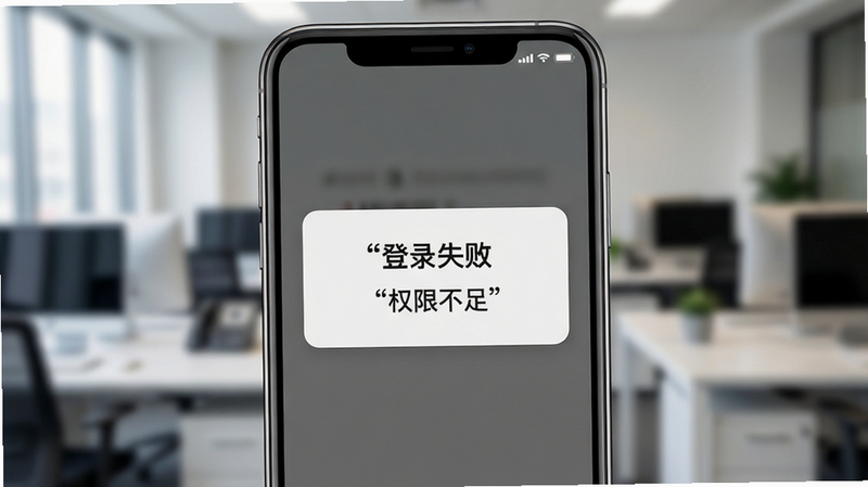 手机界面显示“登录失败”提示框,背景为模糊的办公室场景,主体为手机屏幕,布局中心突出,排版简洁,风格严肃,细节清晰,高清画质,干净,无多余元素,文字加引号