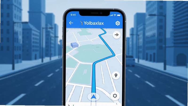 主体为手机屏幕界面,显示Yolbaxlax导航地图,路线高亮显示,背景为城市道路,风格现代简约,蓝色主色调,画质高清,无多余元素,文字显示