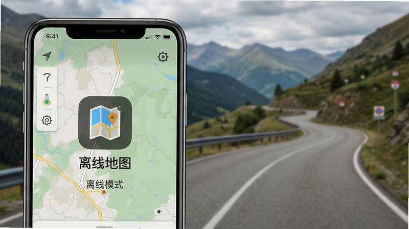 主体为手机离线地图界面,显示“离线地图”状态图标,背景为山地道路,风格写实,画质细腻,文字显示